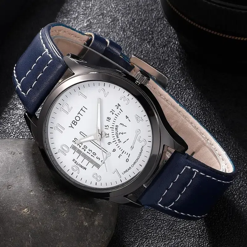 4Pcs Set Fashion Mens Sports Watches Man Business Quartz Wristwatch Luxury Blue Leather Bracelet Men Casual Clock Watch