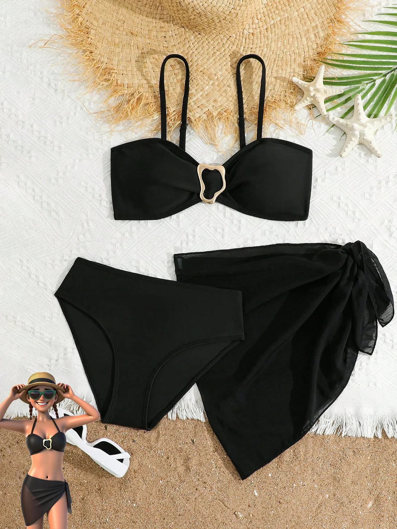 Girls Swimsuit Three-Piece Set Mesh Bikini Swimsuit Metal Hardware Children Swimwear Wrap Skirt Suit Beachwear