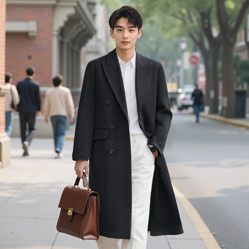 

2025 New Men's Coat with Turn-Down Collar and Double Breasted Buttons, 100% Pure Wool Woolen Coat, Commuting Versatile Jacket