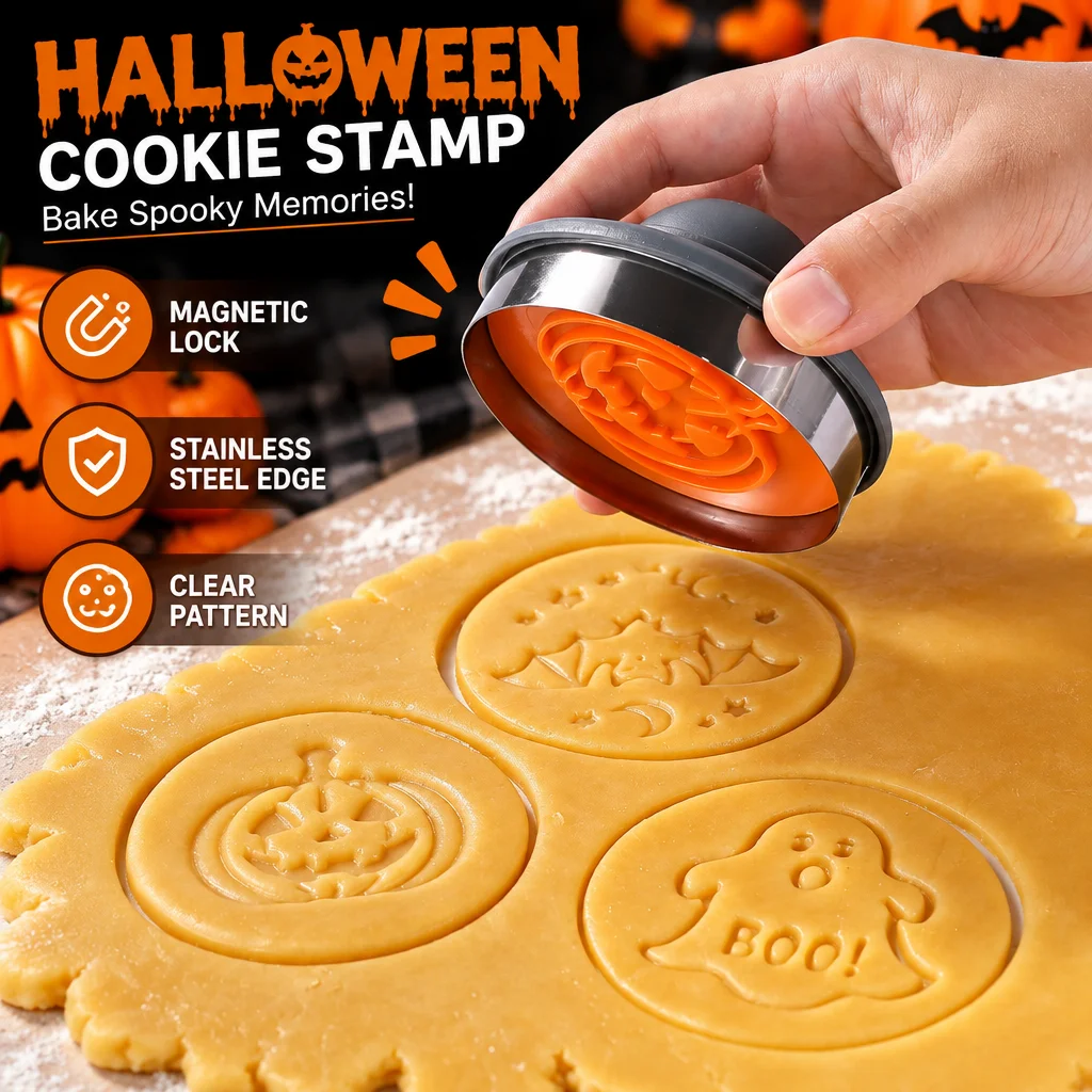 Creative Halloween Magnetic Cookie Stamp Mold Set, 8 Pieces, Interchangeable Embossing Cutters and DIY Pastry Fondant Press Baki
