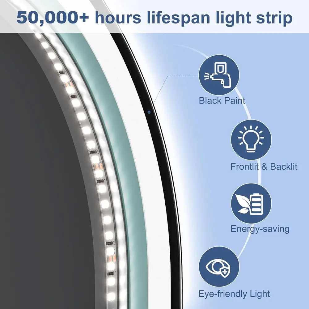 مرآة حمام مثبتة على الحائط LED مقاس 24 × 36 بوصة مع بلوتوث، مضادة للضباب، تعتيم 3 درجات الحرارة، زجاج مقسى مقاوم للماء، أسود Fr #5