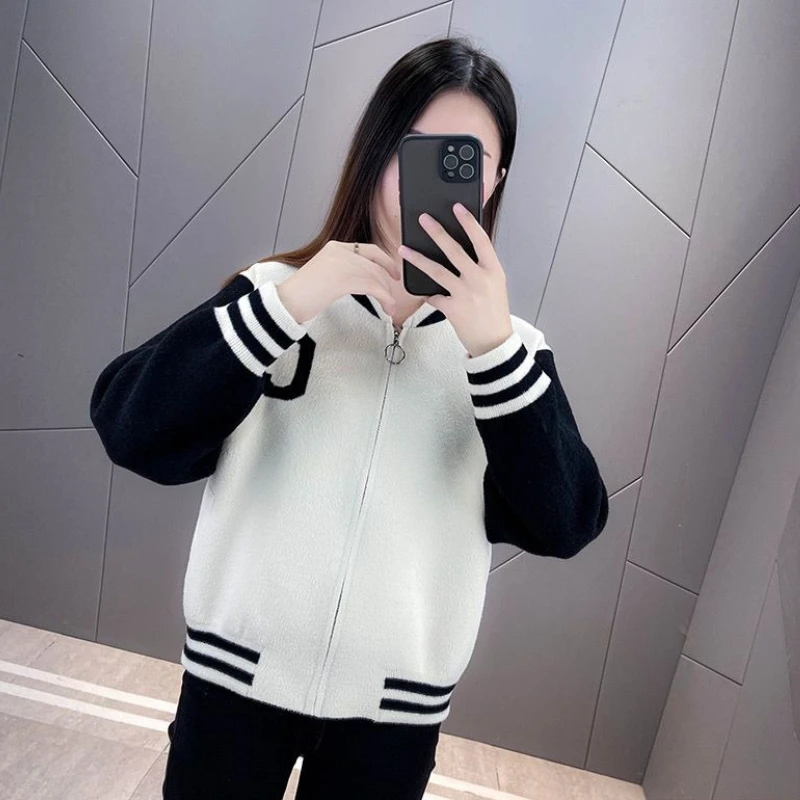 2025 Winter Women's Loose Fitting Retro Wool Blazer Sporty Jacket Color Block Patchwork Outerwear