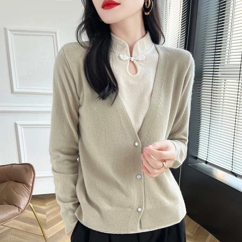 Nuova chiusura cinese maglione di pura lana femminile stile dea Pullover lavorato a maglia ad alta densità Top primavera e autunno maniche lunghe francesi