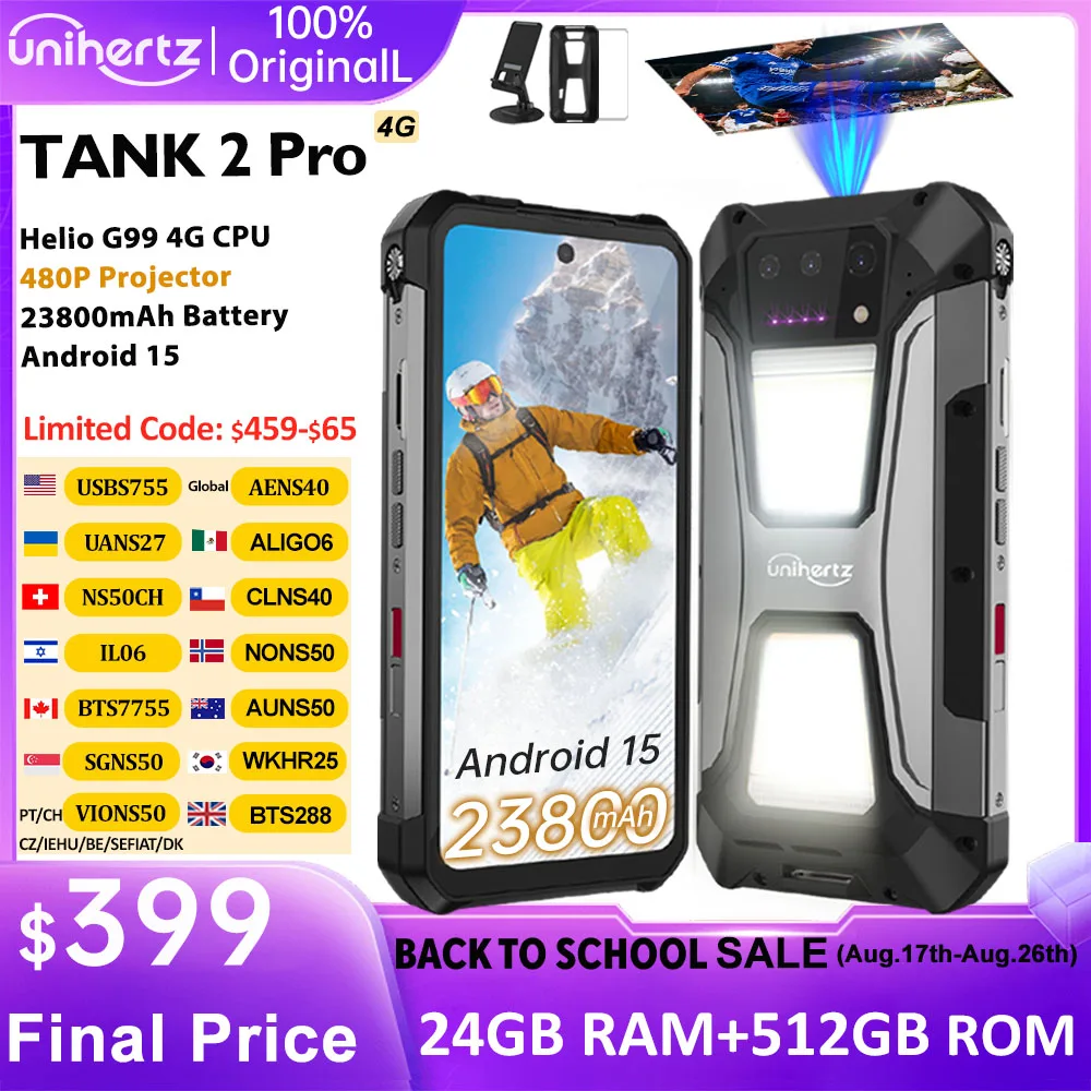Unihertz Tank 2 Pro 8849 robustes Telefon mit Projektor, 100MP Kamera, 24GB 512GB, Android 14, 100MP, NFC, Helio G99, 23800mAh, 4G