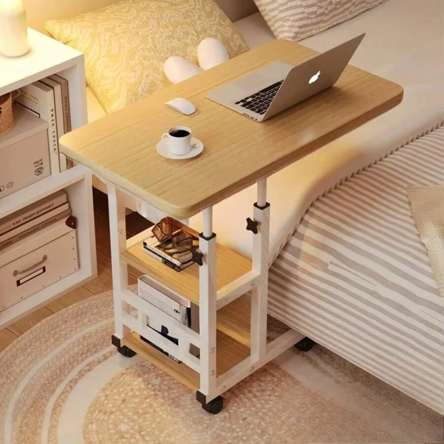 Three layer metal folding table with wheels, adjustable storage rack height, spacious tabletop, suitable for studying and workin