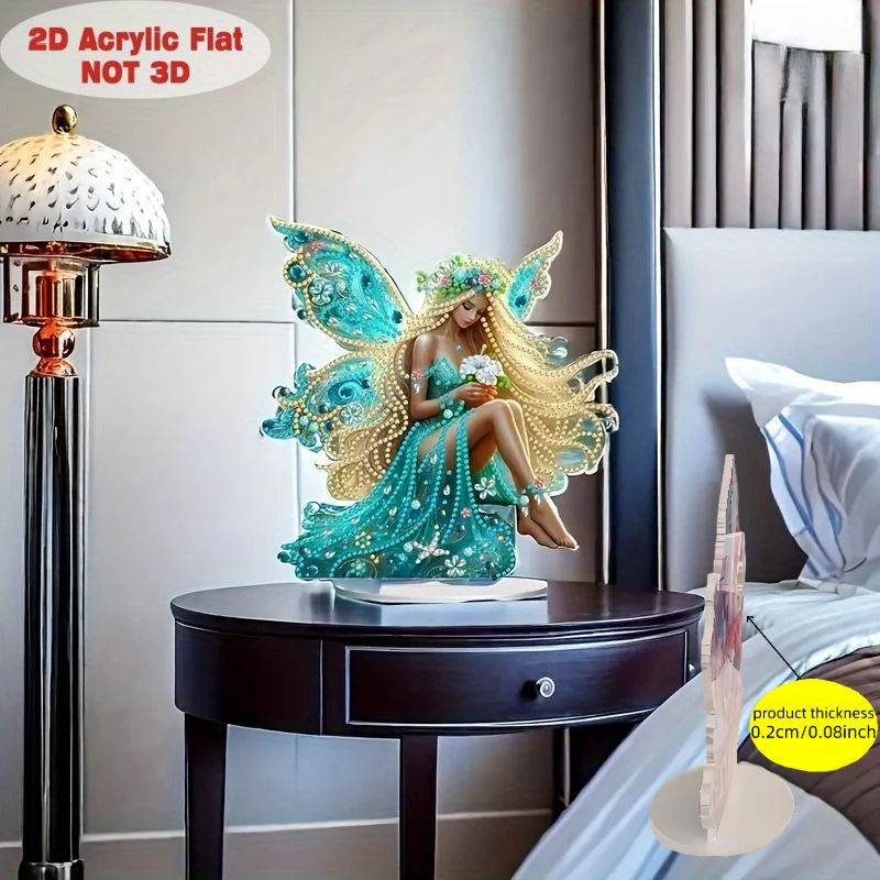 2D Flat, Magic Green Fairy Figurine - 2D Flat Acrylic Desktop Base with Base Suitable for Decoration, Minimalist Fairy Statue fo