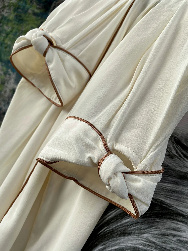 

Style V-Neck Knot Acetate Top Women's Fashionable Short Sleeve Straight Cut Commute Wind Gold Lace Trim