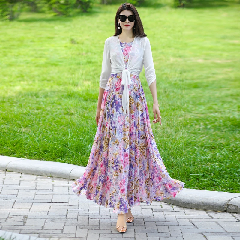 

Women's Summer Chiffon Floral Maxi Dress with Flowy A-line Round Neck & Sleeveless Design, Elegant Beach Cover-up