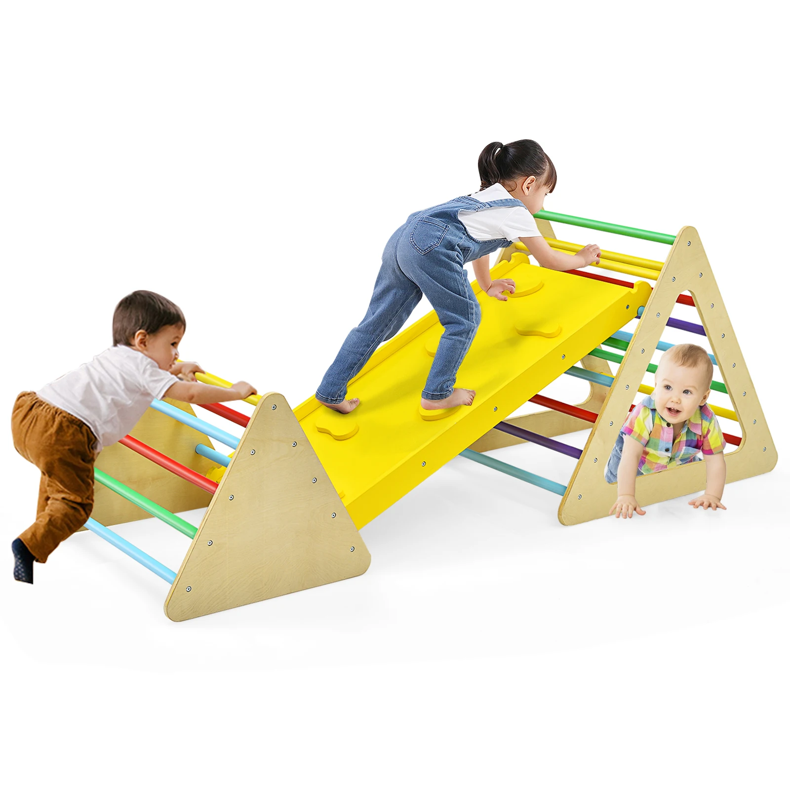 3 in 1 Kids Climbing Ladder Set 2 Triangle Climbers w/Ramp for Sliding & Climbing