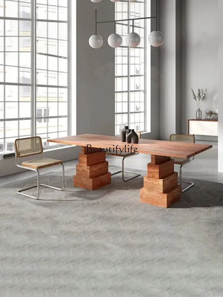 French medieval natural red travertine square dining table, light luxury marble dining table