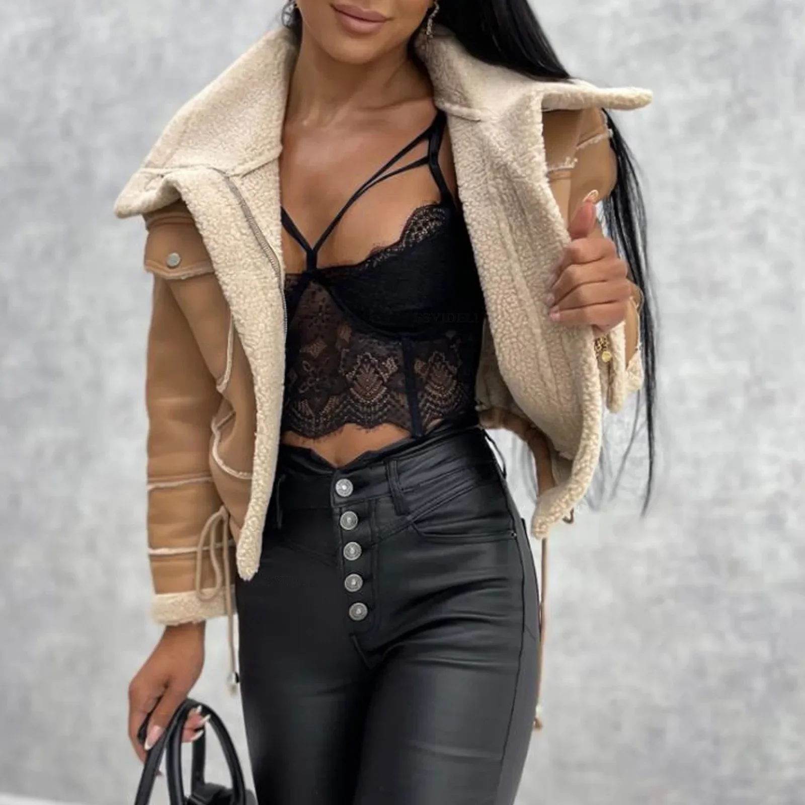 

2023 Winter Thick Warm Suede Lamb Jacket Women Short Motorcycle Coats Faux Shearling Sheepskin Leather Jackets Outwear