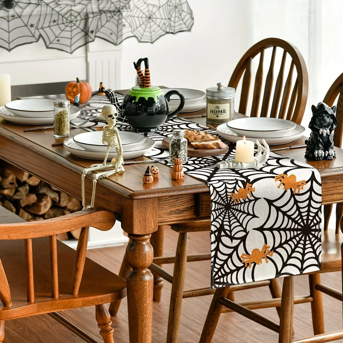 1 Halloween Theme Table Runner, Decorative Spider Web, Orange Spider, Suitable for Parties, Restaurants, Home Furnishings, Markets, Holiday Decoration Scenes.