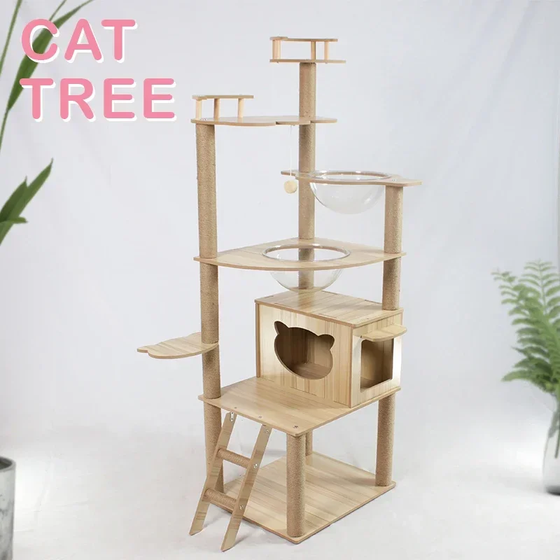 170cm 66.92 Inches Luxury Modern Cat Tree Tower Climbing Pets Scratching House Posts Wooden Large Space Capsule Cat Condo