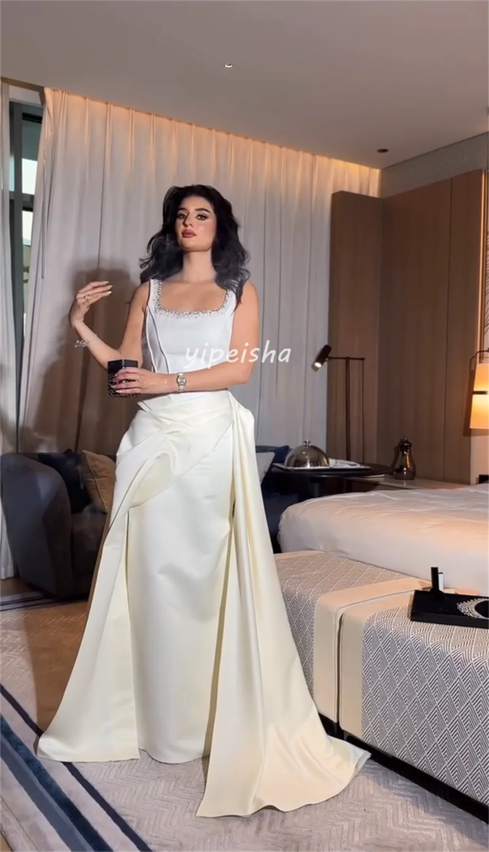 Personalizado requintado elegante plissado miçangas lantejoulas drapeado em linha reta pescoço quadrado vestidos longos sob medida vestidos de ocasião formal