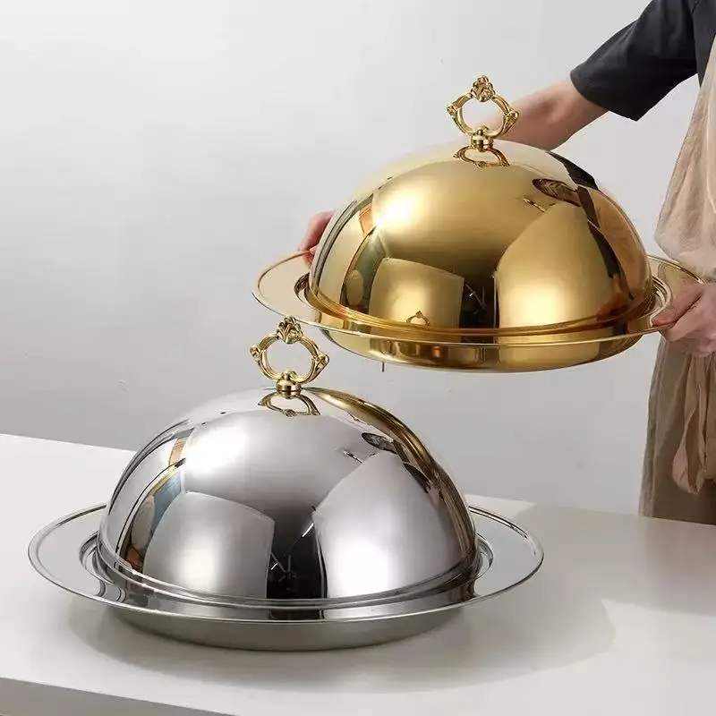 

Golden vegetable lid Western food service High-end hotel stainless steel Steak with lid Delivery tray