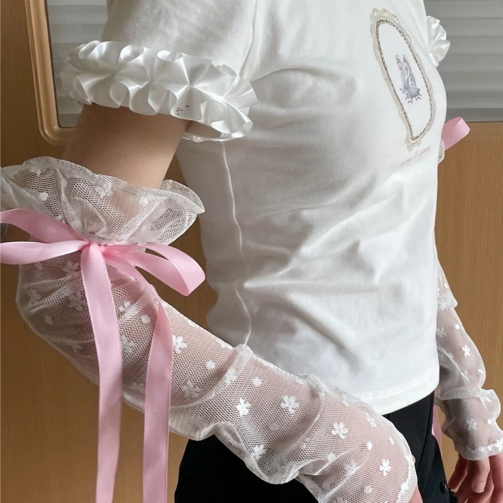 Y2K Bow Lolita Lace Fingerless Sleeve Glitter Diamonds Sun Protection Decorative JK Gloves Fingerless Sunscreen False Gloves