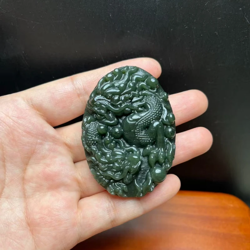 

Jia Le / Natural Hetian Cyan Jade Double Dragon Playing Beads Necklace Pendant Fashion Personalized Men and Women Couples Gift