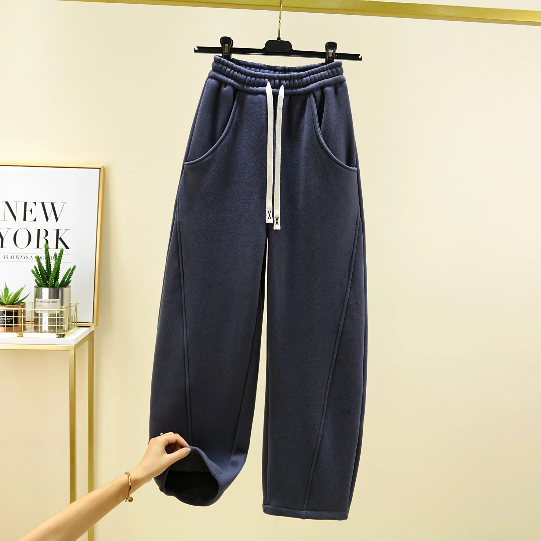 High quality cotton Banana trousers Women Autumn Winter Fleece wide leg pants straight slacks casual warm sweatpants