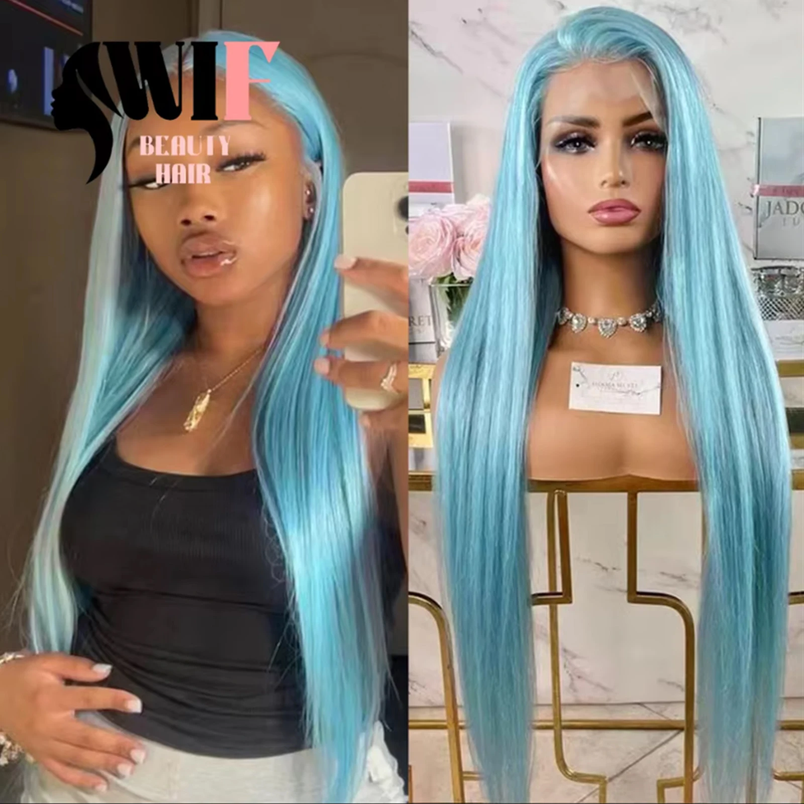 

WIF Blue Straight Synthetic Wig Natural Hairline Sky Blue Hair Lace Front Wigs Heat Fiber Women Makeup Cosplay Use Blue Hair