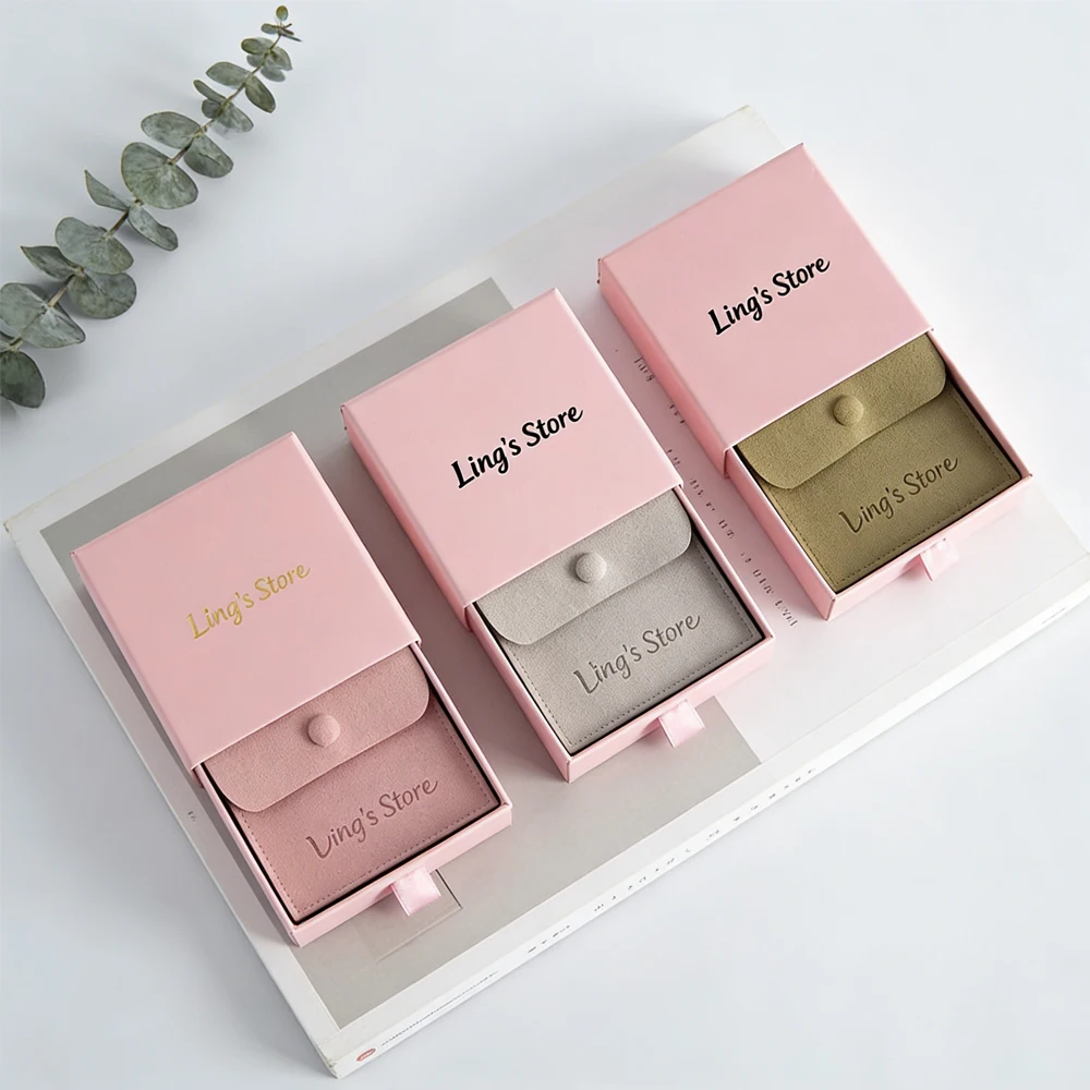 

24/50/100 8x8cm Microfiber Suede Gift Bag Snap Button Pouch 9x9x3.2cm Pink Paper Drawer Box Earring Jewelry Packaging Organizer