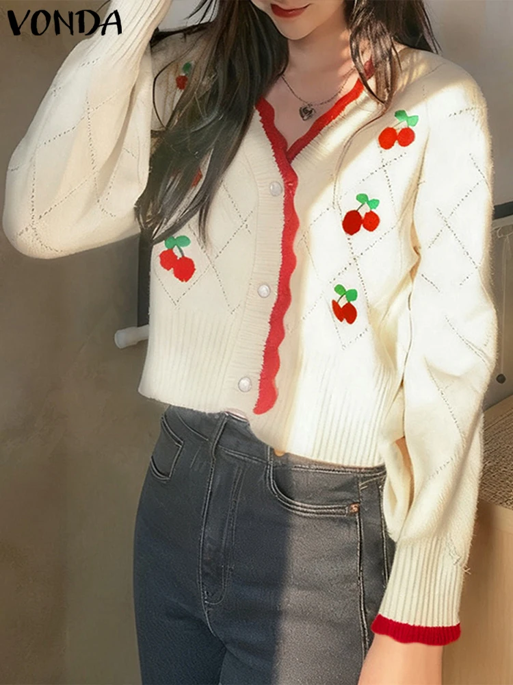 

Свитер с v-образным вырезом, женский вязаный кардиган VONDA, осень 2024, джемперы с длинными рукавами, модная верхняя одежда, повседневные свободные тонкие вязаные пальто