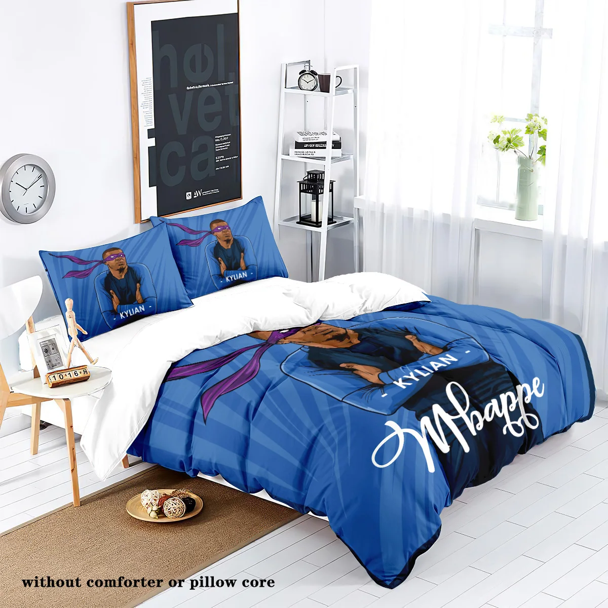 3pcs blue Mbappe cartoon print bedding set, 1 quilt cover + 2 pillowcases, no filling, skin-friendly, anti-pilling