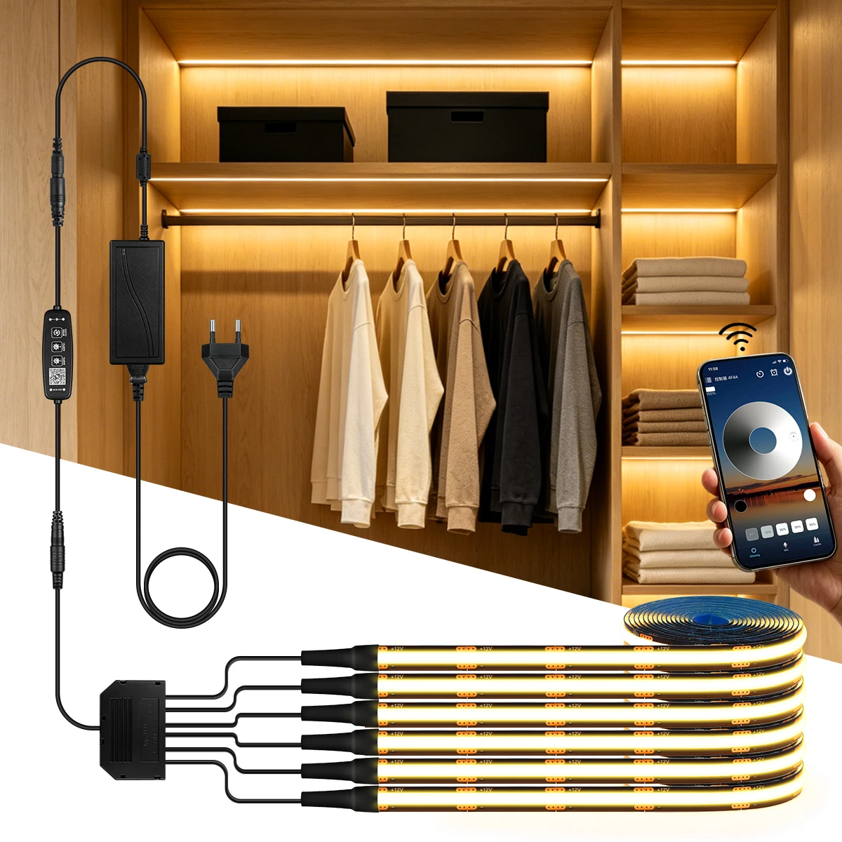 Smart Bluetooth Dimmable Black PCB LED Strip Cabinet Lamp Embedded COB Tape,Closet Ceiling Grille Panel Wall Backlight Lighting