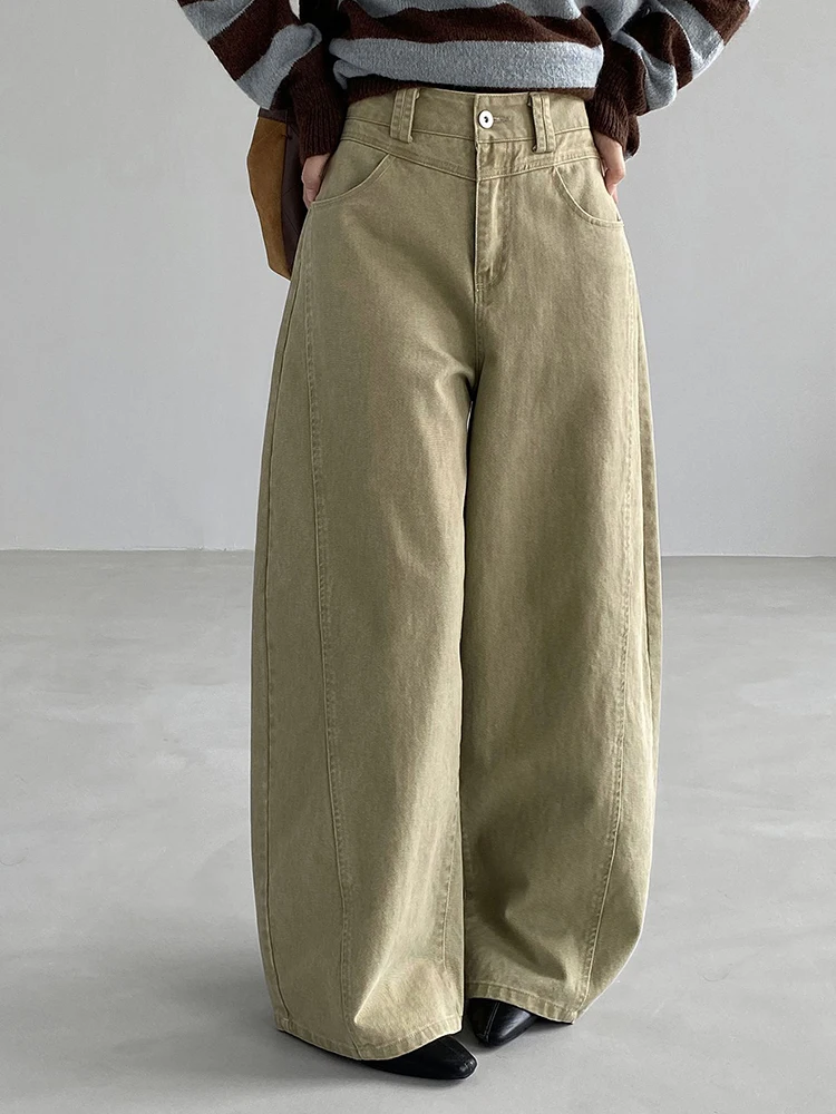 High Waist Khaki Pocket Vintage Denim Long Wide Leg Jeans Pants New Trousers Women Fashion Tide Spring Autumn
