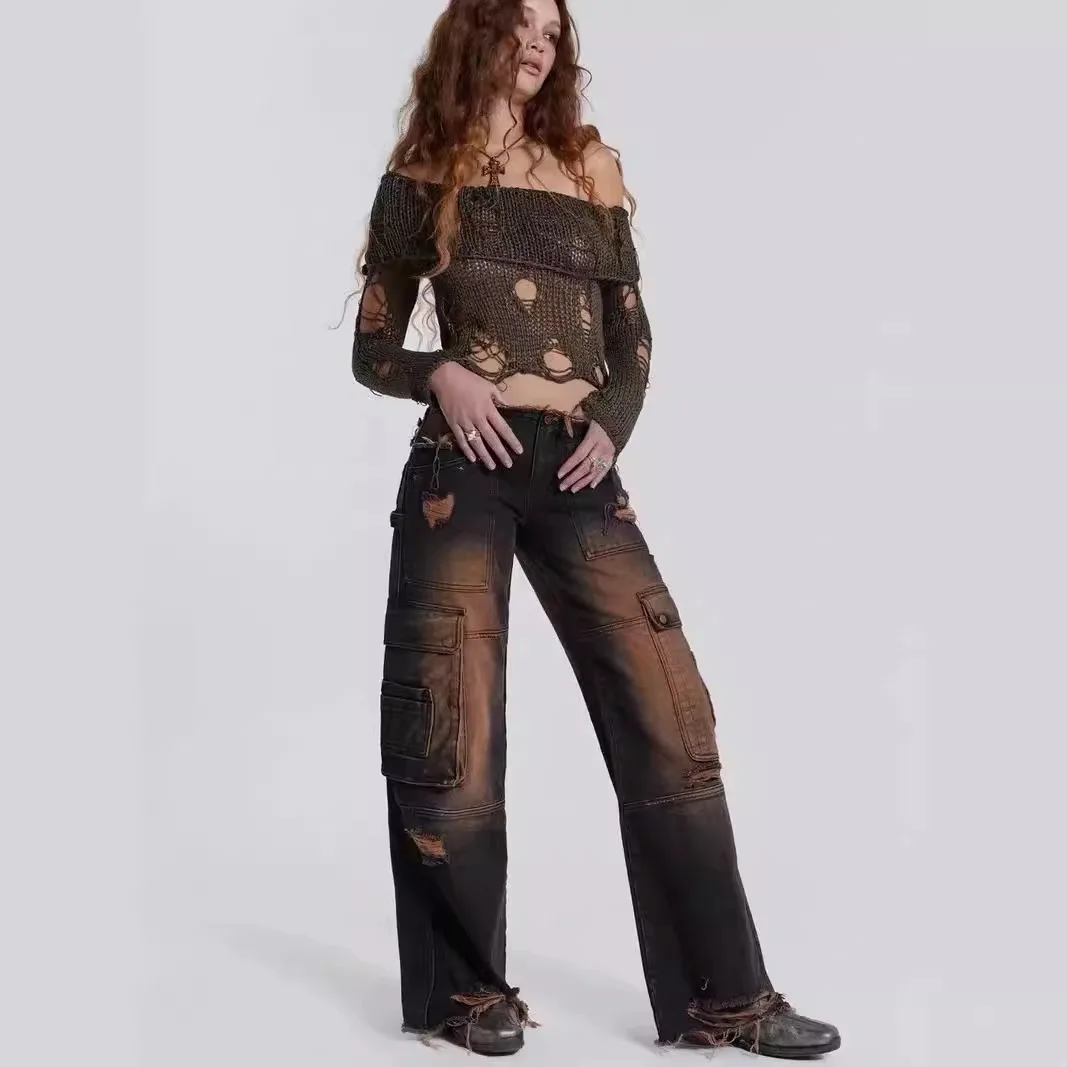 

Jaded London Коричневые свободные джинсовые рабочие брюки с низкой талией, женские осенне-зимние брюки с несколькими насадками, распылитель шлифовка