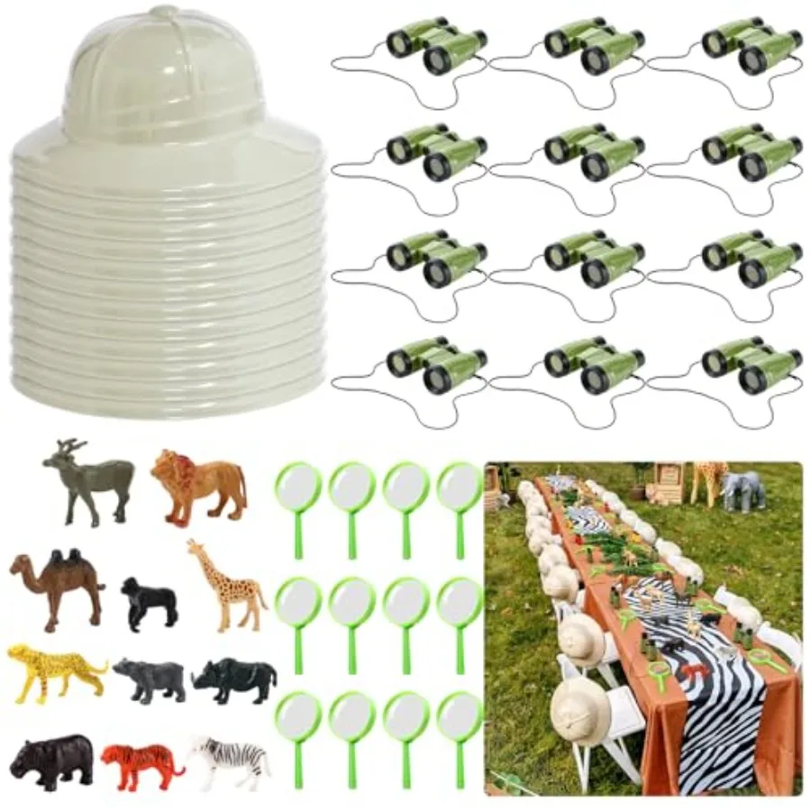 

60 Pcs Jungle Safari Party Favors Bulk Explorer Costume Set Include Plastic Explorer Safari Hats Zoo Animal Figurines Adventure
