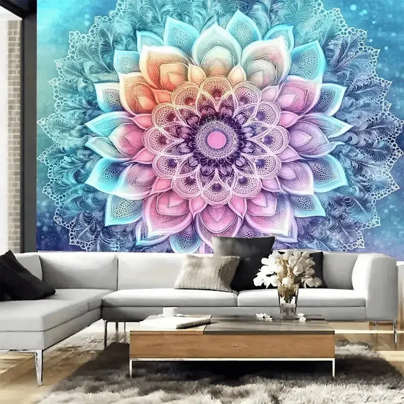 Psychedelic Lotus Mandala Wall Mural 2D Flat Print Art Peaceful Design Meditation Decor Spirituality Home Bedroom Background