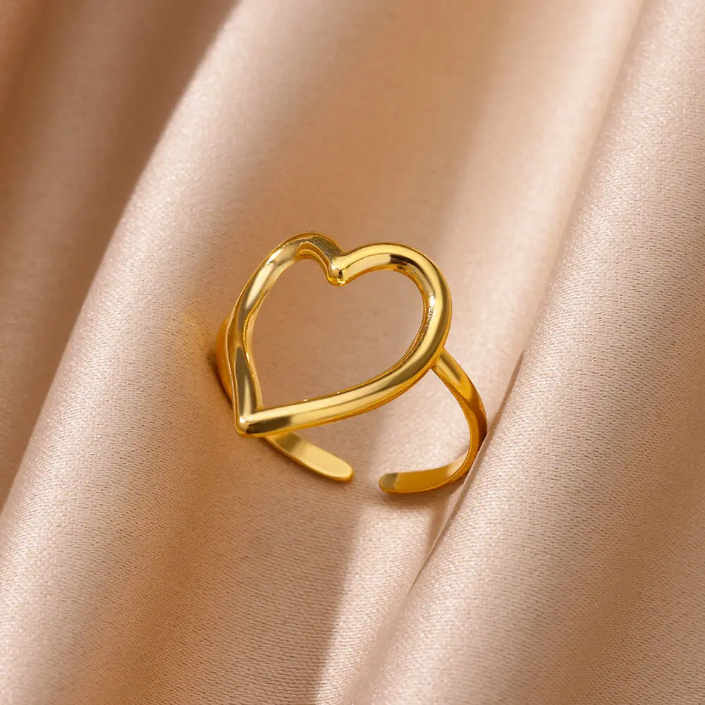 Heart Minimalist Stainless Steel Rings For Women Gold Color Glossy Opening Aesthetic Heart Ring Wedding Party Jewelry Gift BFF