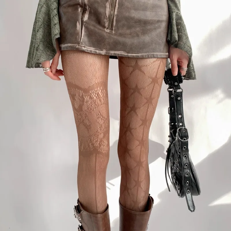 الجوف التدريجي الجاكار ستار جوارب شبكية غير المتماثلة العصرية مثير المرأة جوارب طويلة إلى الركب الحلو لوليتا Y2K تأثيري جوارب طويلة