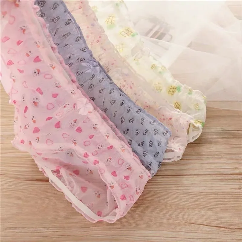 Japanese Underwear Female Girl Sweet Breathable Strawberry Mesh See-through Low-waist Briefs Cartoon Sexy Underwear Women