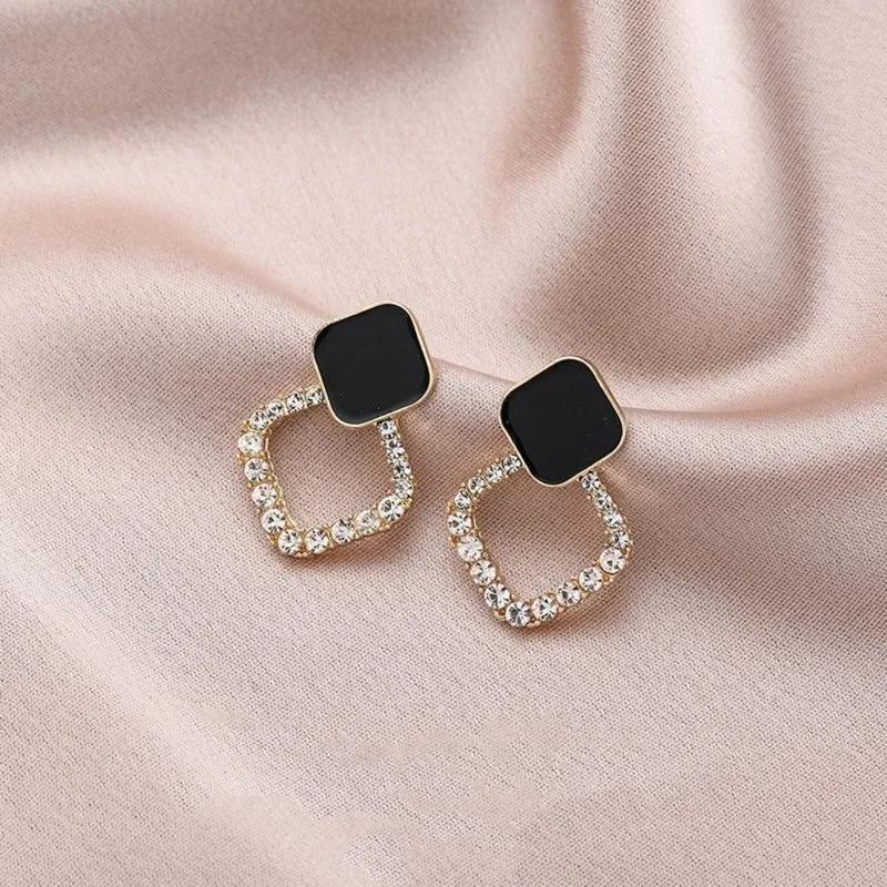 New Trend Double Rhombic Square Stud Earrings for Female Sweet Temperament Jewelry Wholesale Girl Gift