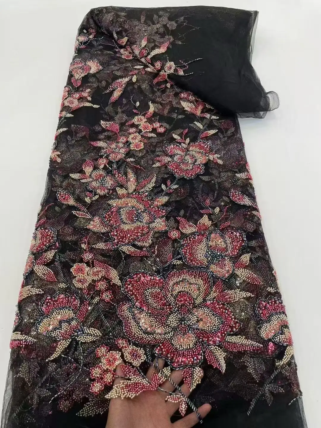 

2025 Luxury Black Embroidery Beaded Lace Fabric African Nigerian Sequins French Lace Fabric For Wedding Dresses Sewing