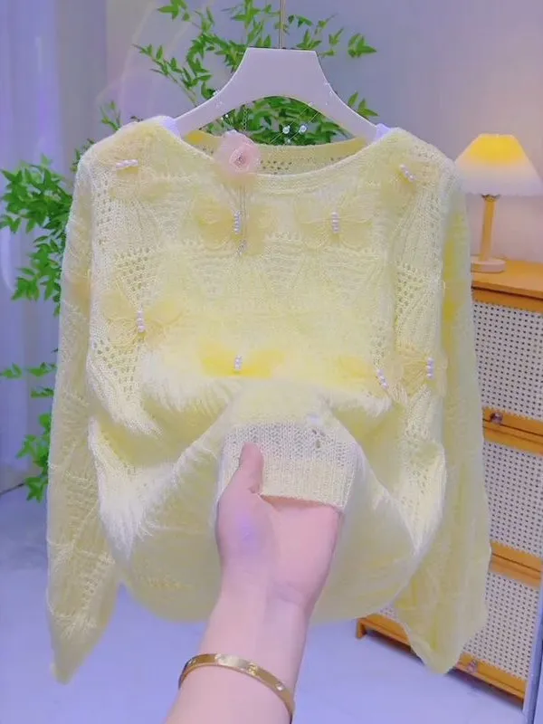 

Желтый вязаный свитер с декоративными элементами, полупрозрачный, с вырезами, весенне-осенний, модный, универсальный, мягкий, в стиле lazy, для женщин