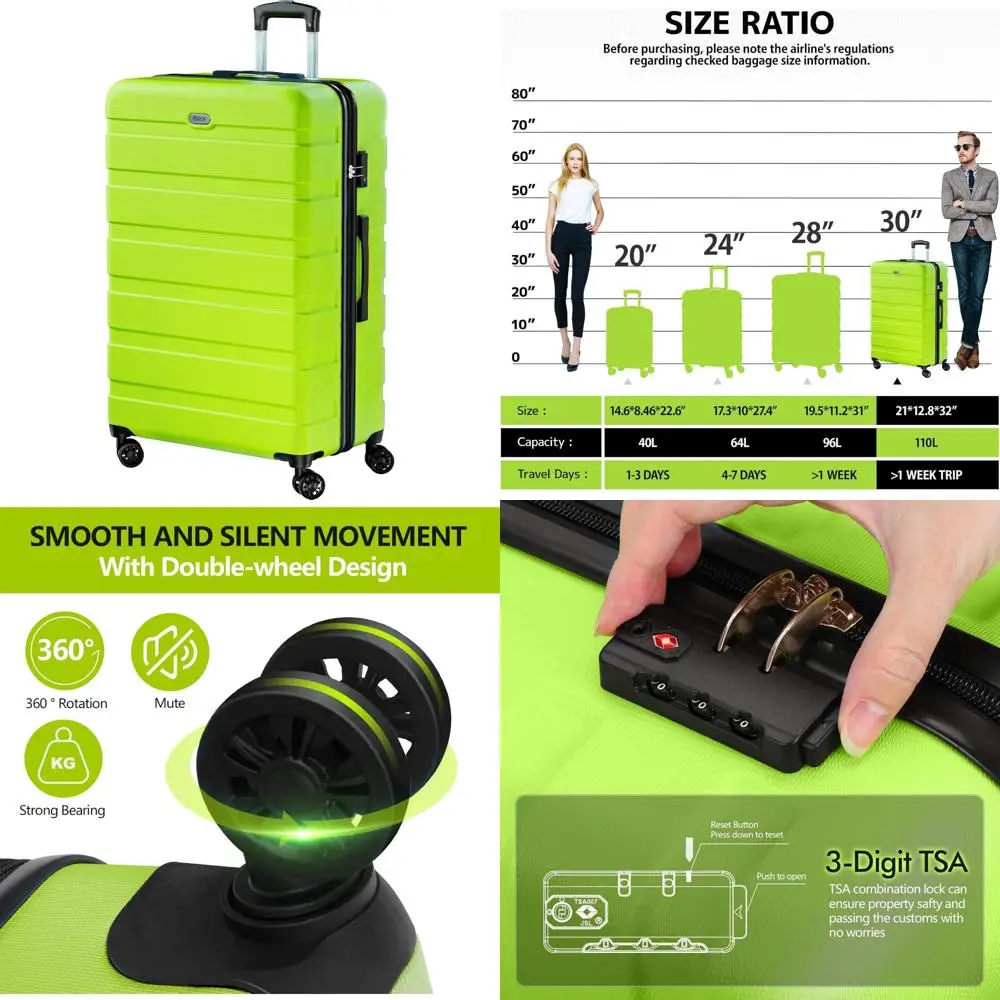 

Легкий чемодан из твердой древесины ABS с 4 универсальными колесами и замком TSA — большой 30-дюймовый чемодан Apple Green для путешествий