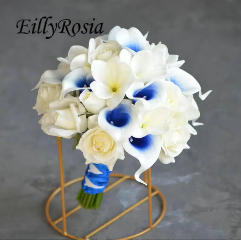 EillyRosia Buket Pengantin Riam Mawar Putih Inti Biru Royal Calla Lily Sentuhan Nyata Set Bunga Pernikahan Air Mata untuk Pengiring Pengantin