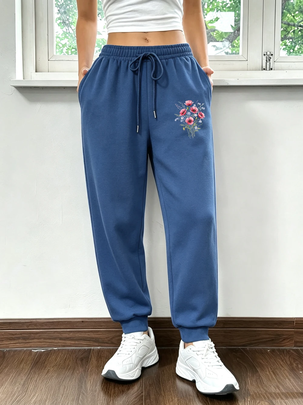 Schöne Sweatpants mit Aquarellblumen-Print für Damen, Basic-Fleece-Jogginghose, lässige Hose mit Taschen, lockere Winterkleidung – Detail 12