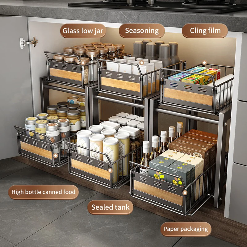 Kitchen Seasoning Dishes Sink Pull-out Detachable Storage Layered Rack Multi-layer Household Drain Rack Multi-function Cabinet
