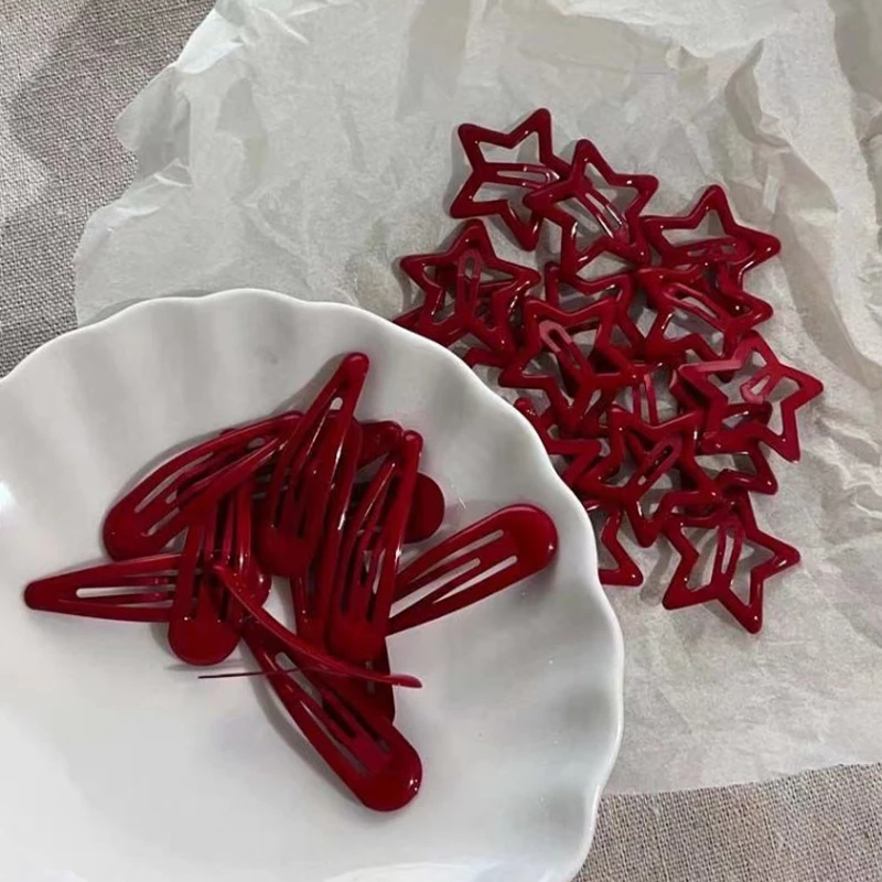 5pcs Y2k Cute Fashion Red Star Metal Snap Lucky Clip Hair Clips Women Girls Hairpins Barrettes Hair Jewelry Accessories