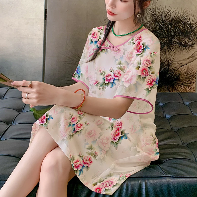 Floral Print Sleepshirts Chinese Traditional Night Dress Short Sleeves Woman Nightdress Loose Retro Buckle Cheongsam Nightgowns