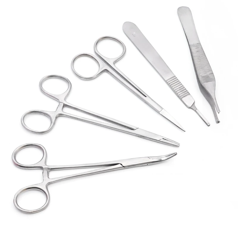 5pcs/set Suture Practice Kit Dental Surgical Tissue Tweezer Set Surgical Scissors Oral Surgery Forcep Hemostat Dentist Tools