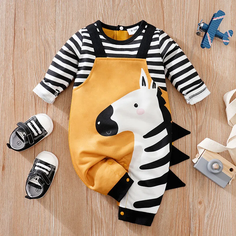 Spring And Autumn Boys And Girls Cute Cartoon Zebra 3d Printed False Strap Long Sleeve Bodysuit