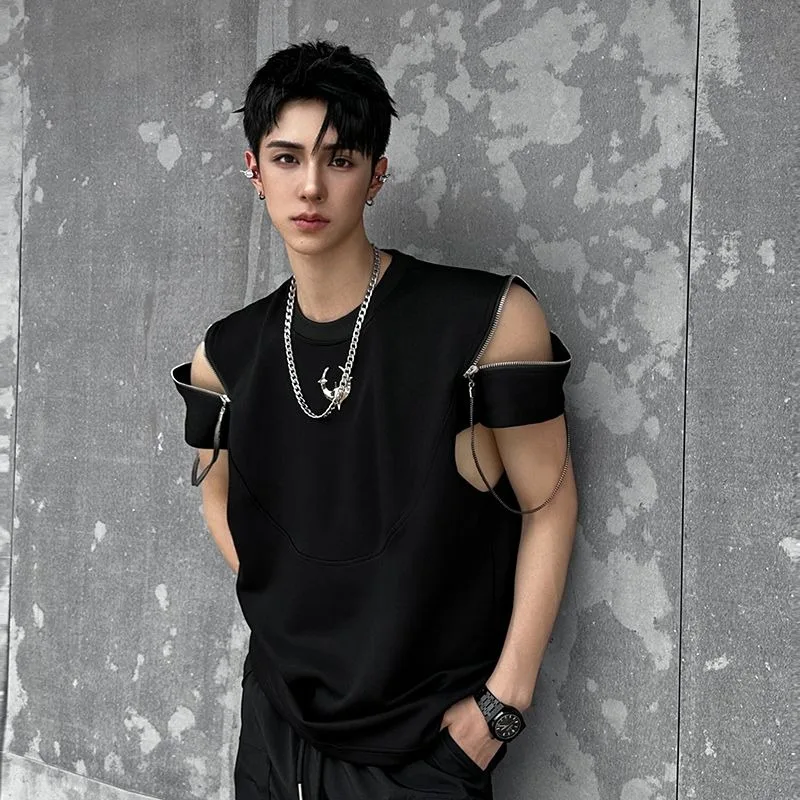 

A Trendy Brand Pure Cotton Zipper Patchwork Short-sleeved T-shirt for Men A New Summer Streetwear Korean-style Loose Printed Top