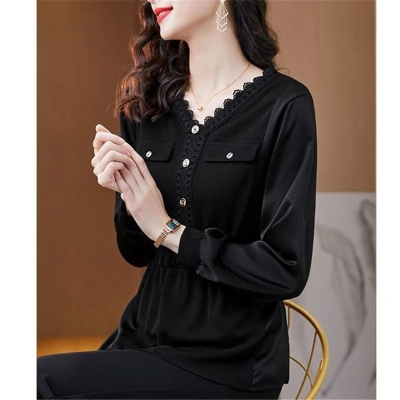 2023 Spring Autumn Fashion Elegant Chic Lace Patchwork Blouses for Women Casual V Neck Long Sleeve Solid Slim Tunic Ladies Tops