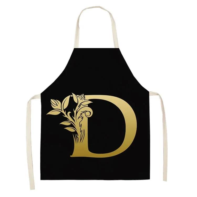 Gold Letter Alphabet Pattern Kitchen Apron 53*65cm For Woman Sleeveless Cotton Linen Aprons Cooking Home Cleaning Tools