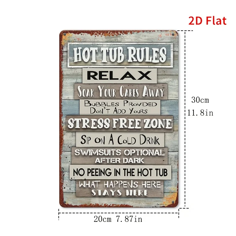 2D flat printing, retro rectangular iron metal sign wall decoration, regular hot tub, size 20.32x30.48 cm - 2D art decoration, s
