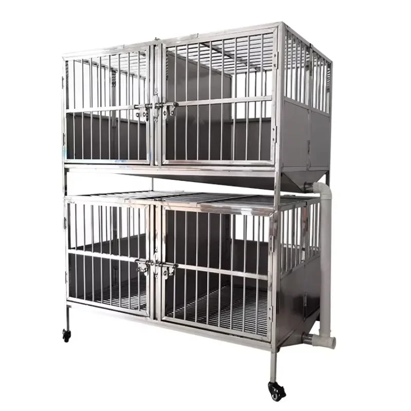 Stainless Steel Pet Cage Double Stage 4 Doors Funnel Dog Cage Grooming Salon Boarding Service Heavy1 Dog Kennel